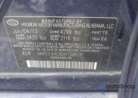 2013 Hyundai Sonata Se from USA, damaged, VIN 5NPEC4AC9DH758828